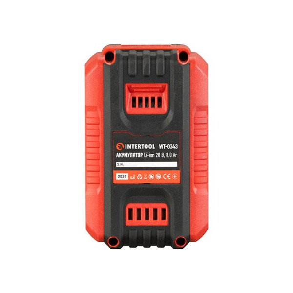 Акумулятор, 20 В, Li-Ion, 8,0 Аг, індикатор рівня заряду INTERTOOL WT-0343 Акумулятор, 20 В, Li-Ion, 8,0 Аг, індикатор рівня заряду INTERTOOL WT-0343