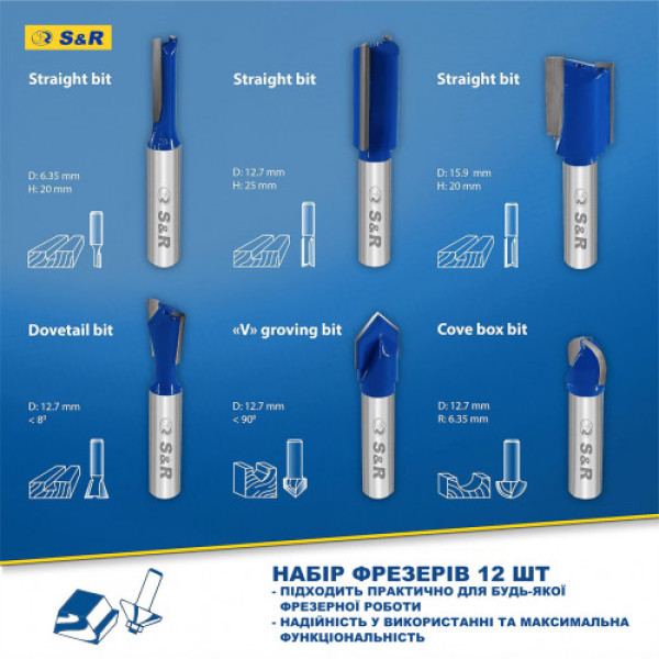 Набір фрез по дереву S & R Meister 12 шт. Набір фрез по дереву S & R Meister 12 шт.