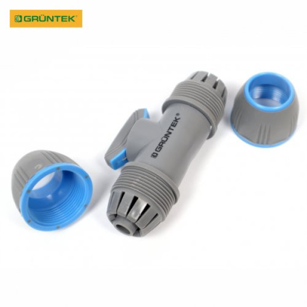 Адаптер із краном для шлангів GRUNTEK двосторонній 1/2"-5/8"-3/4" Адаптер із краном для шлангів GRUNTEK двосторонній 1/2"-5/8"-3/4"