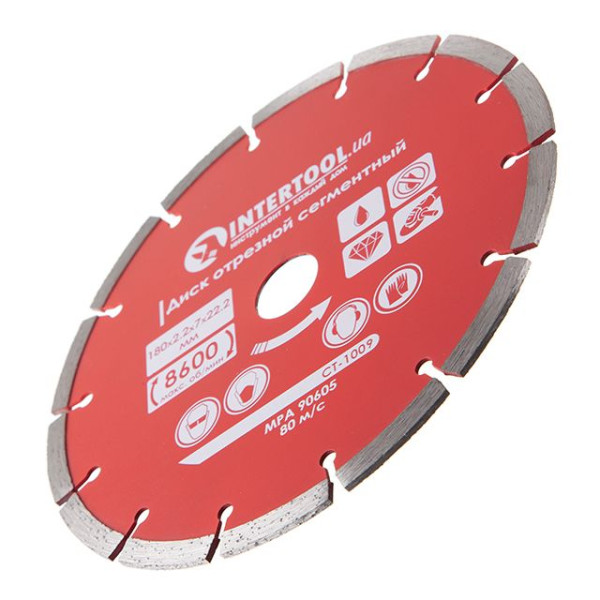 Диск відрізний сегментний алмазний, 180 мм, 22-24%, 8600 об/хв INTERTOOL CT-1009