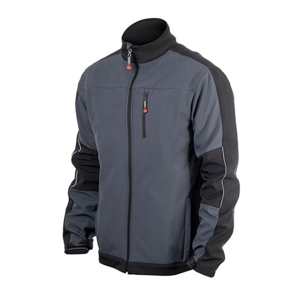 Куртка SOFTSHELL темносеро-черная, трехслойная, ткань стрейч SOFTSHEL 300 GSM 100D, с водо- и ветрозащитой, 96% полиэстер и 4% эластан, один внешний и два боковых кармана, размер L INTERTOOL SP-3133