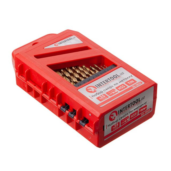 Набор сверл по металлу DIN338 HSS, 25 шт. (1,0-13,0 мм), покрытие Ti INTERTOOL SD-0025 Набор сверл по металлу DIN338 HSS, 25 шт. (1,0-13,0 мм), покрытие Ti INTERTOOL SD-0025