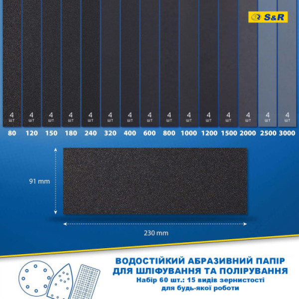 Набір вологостійкого шліфувального паперу S & R 60 шт Набір вологостійкого шліфувального паперу S & R 60 шт
