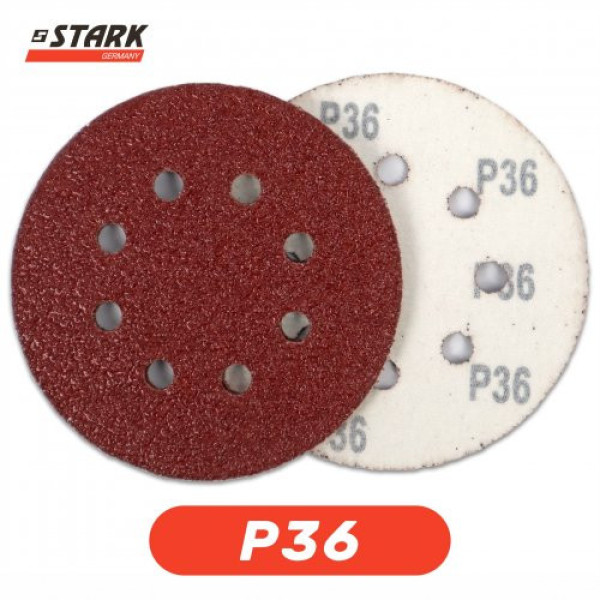 Бумага шлифовальная Stark D125 мм 8 отверстий с. 36 5 шт. Бумага шлифовальная Stark D125 мм 8 отверстий с. 36 5 шт.