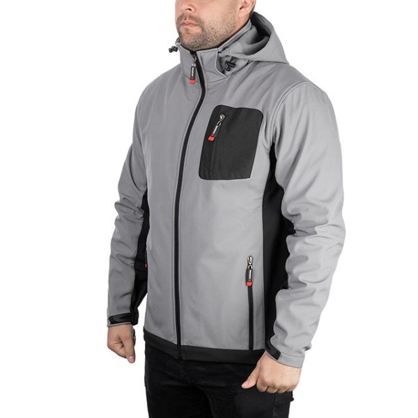 Куртка SOFTSHELL світло-сіро/чорна, з капюшоном, тришарова, стрейч 300 GSM 100D, водо-/вітрозахист, 96% поліестер / 4% еластан, 3 кишені, L INTERTOOL SP-3123 Куртка SOFTSHELL світло-сіро/чорна, з капюшоном, тришарова, стрейч 300 GSM 100D, водо-/вітрозахист, 96% поліестер / 4% еластан, 3 кишені, L INTERTOOL SP-3123